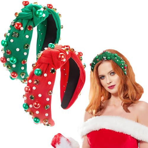 HIFOT 2 Pièces Bandeau Noel avec Strass et Perles Noeud Serre Tete Noel Femme Accessoire Cheveux Noel Cosplay de Fête Cadeau Noël pour Enfants et Adultes Bandeau Large Rouge Vert