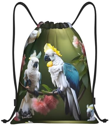 HUIKGIER Schöner Kakadu Vogel Blumen Druck Vielseitiger Kordelzug Rucksack - Leichte Tasche Sport Rucksack für Damen und Herren, Schwarz , M