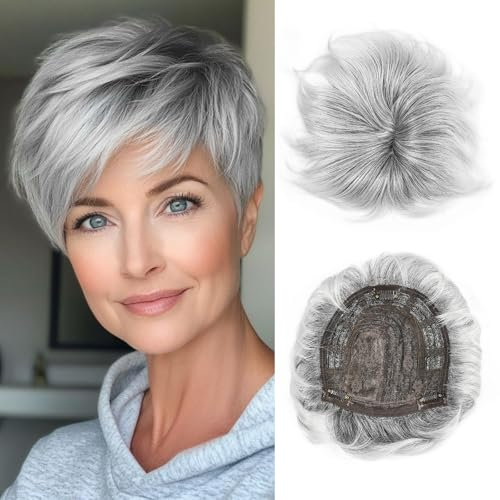 BECUS Grey Hair Toppers for Women with Thinning Hair Bangs 360°3D Cover 6.5x6inches Toupee Hair Pieces for Women With Bangs