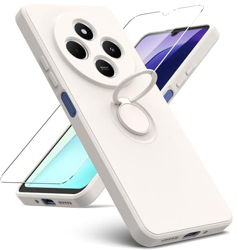 Oududianzi Funda para Xiaomi Redmi 14C/Xiaomi Poco C75 con 1 Pieza Cristal Templado, Soporte de Anillo 360 Grados Silicona con Protección de Cámara, Blanco Roto
