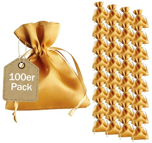 SPRINTIS Satinsäckchen gold, 8 x 10 cm (100 Stück) - edle Geschenkbeutel mit Satinband – wiederverwendbare Schmuckbeutel, perfekt für Weihnachten und Hochzeit
