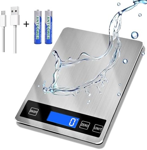 Bilancia digitale da cucina da 15 kg, batteria e ricarica USB, graduazione precisa da 1 g, in acciaio inox impermeabile con display LCD, peso grammi e once per cucinare e cuocere (acciaio