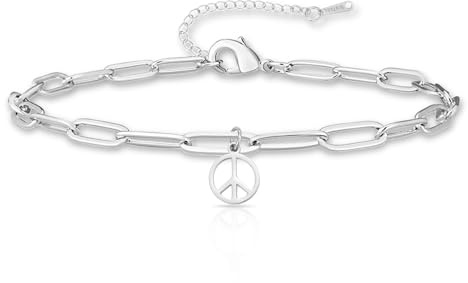 VASSAGO Bracelet de cheville avec signe de paix pour homme et femme - Symbole de la paix - En acier inoxydable - Bracelet délicat en forme de trombone - Style hippie des années 1960 et 1970, taille