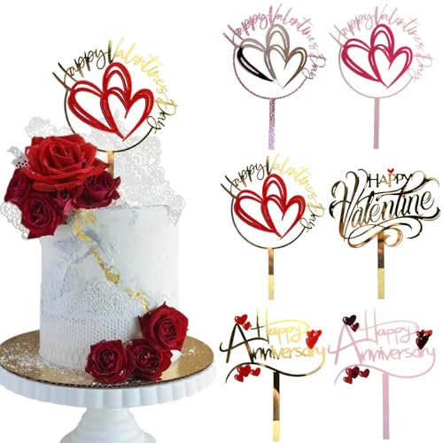 6 Stück Happy Valentine's Day Acryl-Kuchenaufsätze Herz Liebe Kuchendekorationen Happy Anniversary Kuchendekorationen zum Backen Happy Engagement Jahrestag Hochzeit DIY Cupcake Dekoration Supplies
