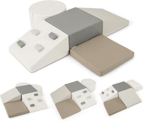 GOPLUS 6 TLG. Schaumstoffbausteine, Softbausteine zum Klettern & Rutschen, Riesenbausteine aus Kunstleder & Schaumstoff, Großbausteine Softbausteine für Baby Kleinkinder ab 1 (Weiß)