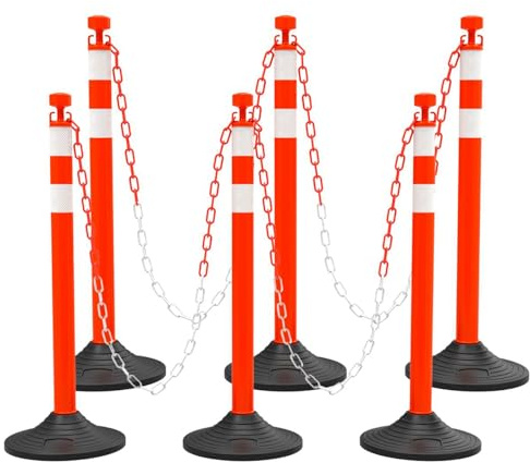 BESEA 6 Pack 40 Traffic Delineator Posts with 6.6 Ft Plastic Chains, Crowd Control Barrier Stanchion Set with Heavy Duty Rubber Base for Parking Lot, Driveway, Construction (Red)