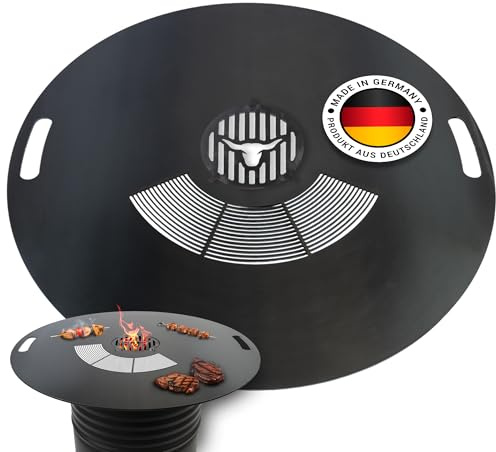 Feuerplatte mit Grillrost 80cm INKL. Grilleinsatz – 5mm Stärke – Grillplatte für Feuertonne & Feuerschale – Plancha Grillring für BBQ & Teppanyaki – Massive Stahlplatte für perfektes Grillen - #251
