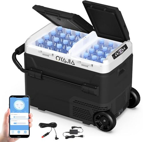 Oyajia Kompressor Kühlbox 50L Kühlschrank 12/24 V Camping Auto Gefrierschrank -20℃+20℃, 100-240V, Mit APP, für Camping, Festivals & Reisen (Schwarz Weiß)