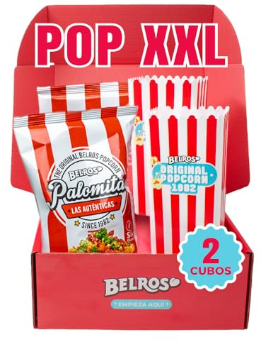 BELROS Kit Palomitero. Palomitas Maíz Dulces y 2 Cubos Reutilizables Color Rojo. Especial para Compartir. Aperitivo. Disfruta con tu Pareja, Amigos. Perfecto Regalo San Valentin, Navidad, Cumpleaños