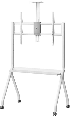 Maclean MC-114 W Mobiler TV-Ständer 55-100 Zoll, Pulverbeschichteter Stahl, VESA Bis 900x600, 120 kg Tragkraft, Höhenverstellbar, Rollen Mit Feststellung, Ablagen Für Kamera & Zubehör (Weiß)