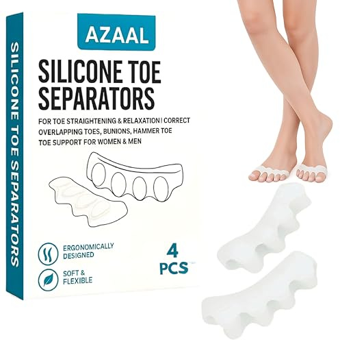 AZAAL Toe Separators for Overlapping Toes & Bunions, 2 Pairs Soft Silicone Toe Spacers, Reusable Gel Toe Corrector and Hammer Toe Straightener for Bent Toes, Men & Women