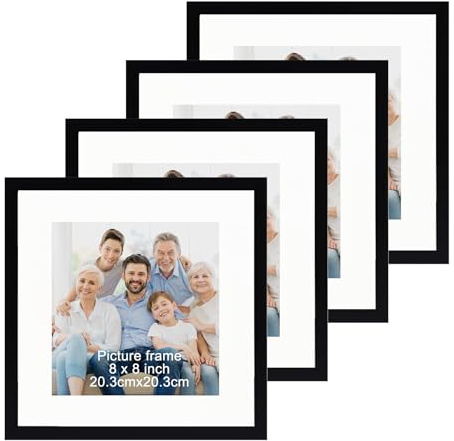 QITIXI:OU 4 Stück Schwarz Bilderrahmen 20x20, Holzrahmen MDF mit Passepartout 10x10cm, Fotorahmen zum Aufstellen und Aufhängen, Bilderrahmen Schwarz für Wohnzimmer, Schlafzimmer, Büro Galerie