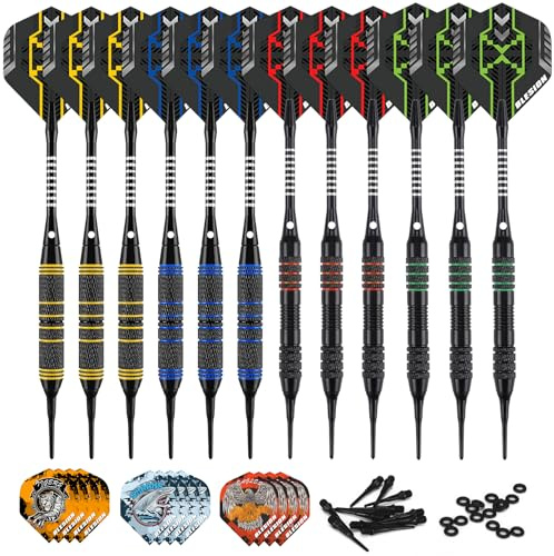 BLESION Dartpfeile mit Kunststoffspitze 12 Stück Profi Dartpfeile Set | 18 Gramm darts für Elektronische Dartscheibe, Dartpfeile mit 12 Flights 20 Gummiringen 50 Dartspitzen