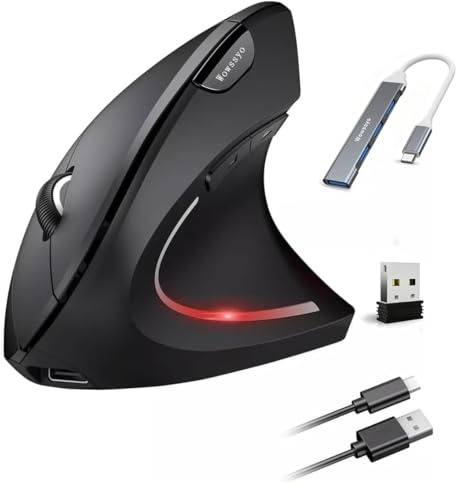 Wowssyo 2.4G Wireless Vertikale Ergonomische, Wiederaufladbar, Optische Maus Vertical Ergonomic Optical Mouse Kabellos für Windows und Mac OS, Bluetooth Maus, 800/1200/1600 DPI, 5 Tasten - Schwarz