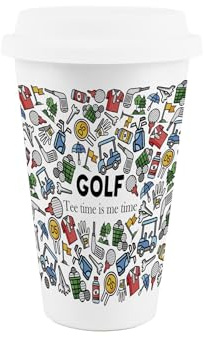 Purely Home Golf Novelty Ceramic Travel Mug - Gifts for Sports Fans - Reusable Silicone Lid Double-Walled Insulated Drinks Flask Cup