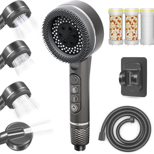 Duschkopf Mit 1,5M Schlauch Und Halterung, 4 Strahlarten Duschbrause Mit Stoppfunktion, Hochdruck Handbrause Mit 3 Stück Filter Gegen Kalk, Für Badewanne und Dusche(Grau)