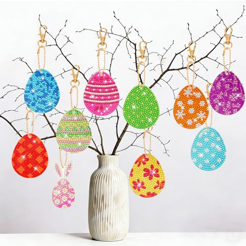 JSRQT Diamond Art Painting Ostern 10 Stücke Diamond Art Painting Anhänger Diamant Schlüsselanhänger Bastelset Ostern Osterbasteln Deko Diamond-Painting Frühling Ostereier zum Bemalen Basteln Geschenke