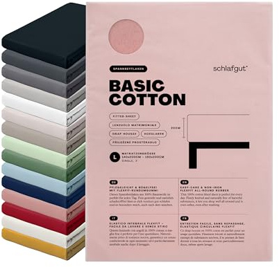 schlafgut Basic Cotton Spannbettlaken 140x200 cm 100% Baumwolle, Purple Mid | Bettlaken, Spannbetttuch 160x200 cm, Lila, Jersey, bis 22 cm Steg, Made in Green, atmungsaktiv