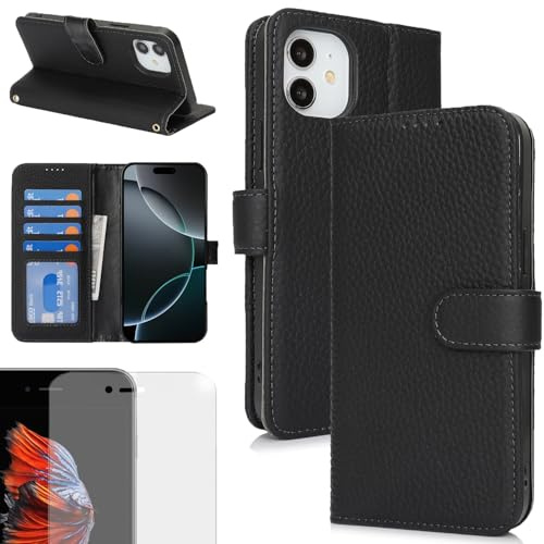 Eximmobile Echt Lederhülle für iPhone 11 in Schwarz + Glasfolie, Aufklappbare Leder Tasche mit Kartenfächer, Brieftasche mit Standfunktion, Leder Wallet mit RFID Schutz