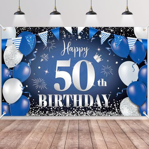50.Geburtstag Banner Navy Blau Schwarz Silber, Stoff Geburtstag Banner Hintergrund, Geburtstag Dekoration für Männer zur 50. Geburtstagsfeier Deko