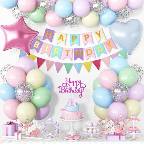EWODEIEW Luftballons Geburtstag, Maca Deko für Geburtstage, blau, Lila, Grün, Gelb und Rosa, Bunte Pailletten Latexballons für Baby-Partys, Banner, Sternen & Herzen aus Folie für Hochzeit Dekoration