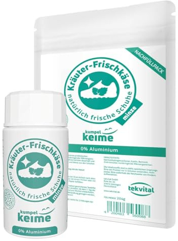 Kräuter Frischkäse Schuhdeo Bundle - 2 Jahre Schluss mit antibakteriellem Schuhdeo Spray - Schutz vor Fußgeruch - Streuer und Nachfüllpack