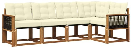 vidaXL Outdoor-Sofagarnitur mit Kissen 5 pcs Natur und Creme, Moderne Garten-Sofaset, wetterfestes Möbel, Bequeme Liege, stilvolles Outdoor-Sitzen für Entspannung