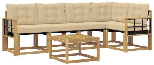 vidaXL Outdoor-Sofagarnitur mit Kissen 6 pcs Weiß und Beige, Akazien Outdoor Sofa Set, modische Möbel für Terrasse, wetterfester Couch, entspannende Sitzgruppe im Garten