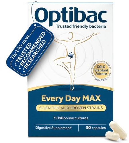 Optibac Every Day MAX - Premium Vegan Digestive Supplement - 30 Capsules | Most researched Lactobacillus acidophilus strain | Maximum strength | 75 billion bacterial cultures | Expertly formulated
