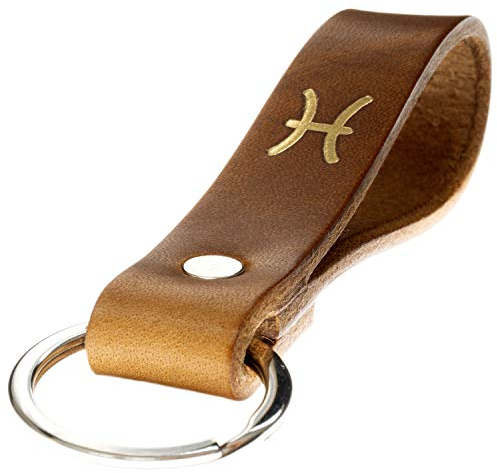 ELBERCRAFT® Schlüsselanhänger Leder Sternzeichen Fische Gold geprägt das kleine Geschenk zum Geburtstag für deinen Lieblingsmenschen Frau oder Mann Handmade in Germany