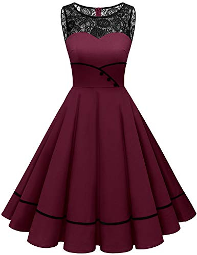 Bbonlinedress Rockabilly Kleider Damen Sommerkleid Abendkleider elegant für Hochzeit Spitzenkleid Cocktailkleid Burgundy S