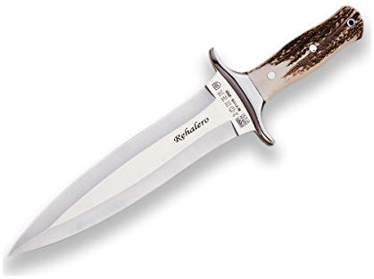 Joker Jagdmesser Rehalero CC10 mit Hirschhorngriff, MOVA-Klinge 23,5 cm, braune Lederscheide, 520 Gramm, insgesamt 36,5 cm, Angelgerät, Jagd, Camping und Wandern