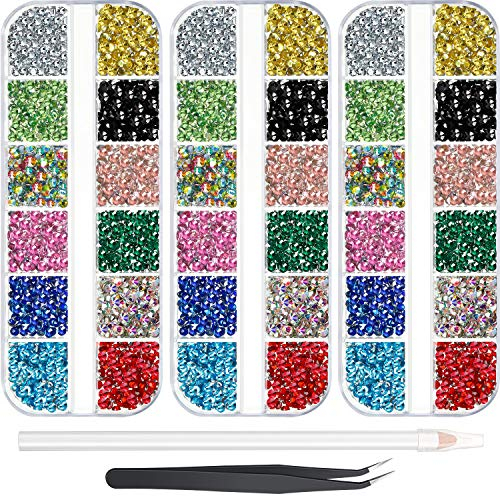 9000 Stück Hotfix-Strasssteine, 3 Größen, 12 Farben, flache Rückseite, rundes Glas, Edelstein, Kristall, zum Aufbügeln auf Strasssteinen, Glassteine mit Pinzette und 1 Picking Pen für DIY Maniküre