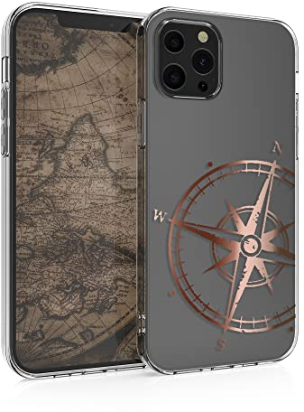 kwmobile Hülle kompatibel mit Apple iPhone 12 / iPhone 12 Pro - Handyhülle Silikon Case - Kompass Vintage Rosegold Transparent