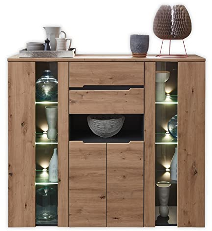 Stella Trading Memphis Highboard in Artisan Eiche Optik, Graphit - Moderner Wohnzimmerschrank mit Schubladen und LED-Beleuchtung - 145 x 127 x 38 cm (B/H/T)
