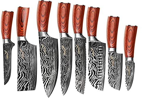 VINNAR Couteaux de cuisine 8 Pièces, Set Couteau de Cuisinier Japonais en Acier Inoxydable à haute teneur en carbone, Cuisine et Restaurant pour couper les légumes, la viande et les fruits
