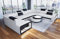Sofa Wohnlandschaft Foggia in u Form mit USB Port LED-Beleuchtung Ledersofa mit Kopfstützen (Lange Seite rechts, Weiß-Schwarz)