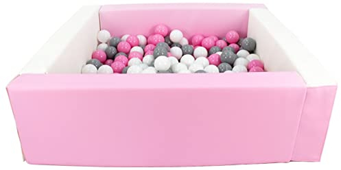 Velinda Bällebad Bällepool Bällebecken Spielbecken Kinderpool quadratisch 200 Bälle (Farbe des Pools/der Bälle: weiß, pink (Pastell)/weiß, rosa, grau)