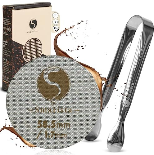 SMARISTA® Puck Screen 58,5 mm – Avec pince Barista pour un nettoyage facile – Passoire à expresso pour porte-filtre – 1,7 mm d'épaisseur, 150 μm – Guide de dépannage