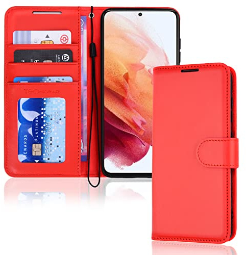 TECHGEAR Galaxy S23 Plus Leather Wallet Case, Flip Protective Case Cover with Wallet Card Holder, Stand and Wrist Strap - Red PU Leather with Magnetic Closure Designed For Samsung S23+ / S23+ 5G