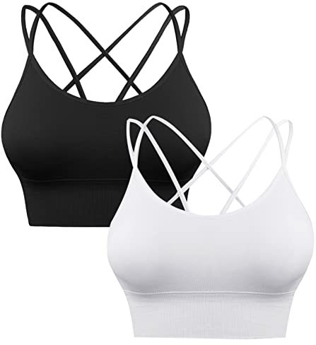Sykooria Sport BH Damen Gepolstert Bustier Damen BH ohne Buegel Spaghettiträger Cross Back Design Push up BH Sport Bra Top für Yoga Fitness, Schwarz+Weiß, S