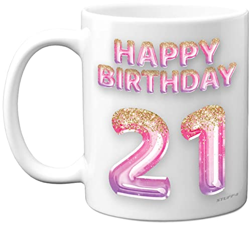 21st Birthday Gift for Women - Pink Purple Glitter Balloons - Happy Birthday Mug Present for 21 Year Old Daughter Sister Granddaughter Cousin Friend, 11oz Ceramic Dishwasher Safe Coffee Mugs Cup