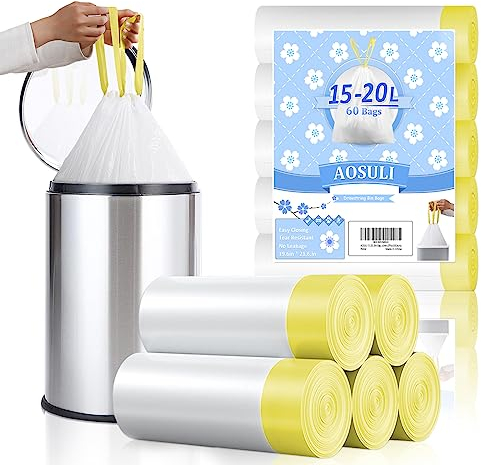 AOSULI 15L-20L Bin Bags White Waste Paper Bin Liners Pedal Tie Handles Drawstring Garbage bags Small Rubbish Bags for Bthroom,Kitchen,Office,60Counts