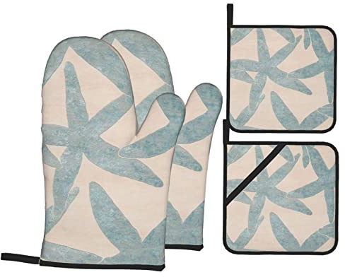 Lot de 4 maniques et maniques en laine imprimée en forme d'étoile de mer - Résistantes à la chaleur et imperméables - Pour barbecue, cuisine