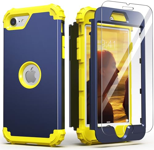 IDweel Schutzhülle für iPhone SE 2020 mit Displayschutzfolie, für iPhone SE 2022, 3-in-1 Stoßdämpfung, schmale Passform, robuste Polycarbonat-Hülle, weiches Silikon, robust, Marineblau/Gelbblau