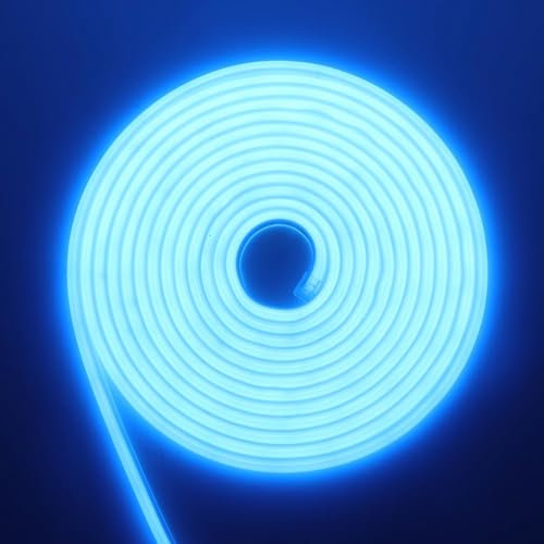 RGB Neon Ruban LED, 220V 288 LEDs/M, Etanche ip65 COB Flexible Étanche Découpable Silicone Bandeau Lumineuse Led pour Intérieur/Extérieur DIY Décoration,Bleu glace,5M