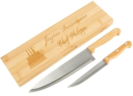 2 cuchillos de cocinero con caja de madera personalizada - Grabación de texto en caja de cuchillos de cocina - Caja de cuchillos de cocina personalizada