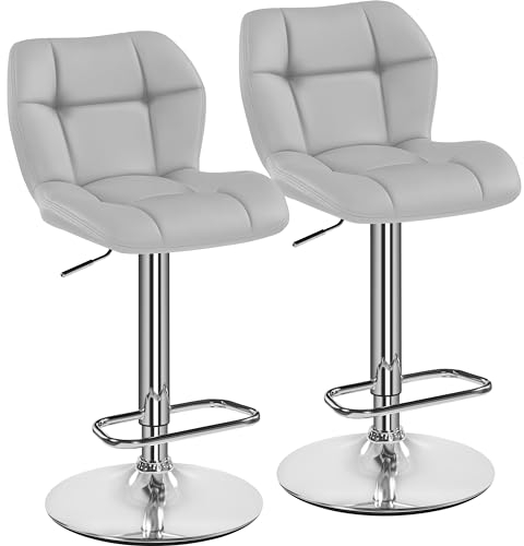 Yaheetech Barstools Set of 2, PU Leather Breakfast Bar Chairs, Swivel Height Adjustable Barstools, Counter Stools with Backrest for Home Kitchen, Restaurant, Light Grey