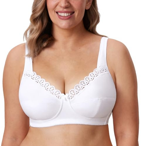DELIMIRA Donna Reggiseno in Pizzo Senza Ferretto Cotone Taglie Forti Coppa Piena ad Sostegno Bianco 10F