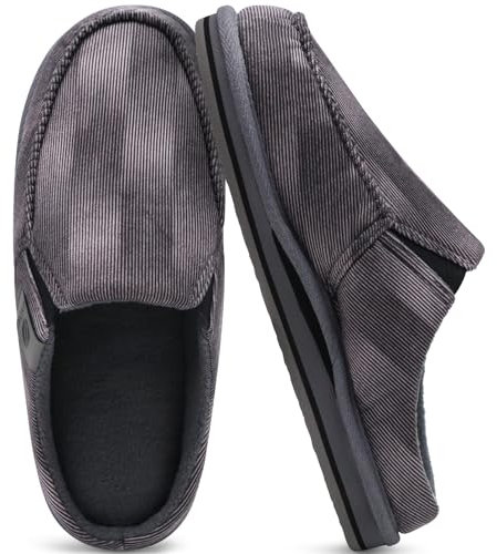 ONCAI Hausschuhe Herren mit Orthopädische Arch Support,Baumwolle Sherpa Futter Memory Foam Plantar Fasciitis Haus Hausschuhe Warme Clogs Indoor Outdoor Rutschfest Gummisohle Streifen Grau Größe 48